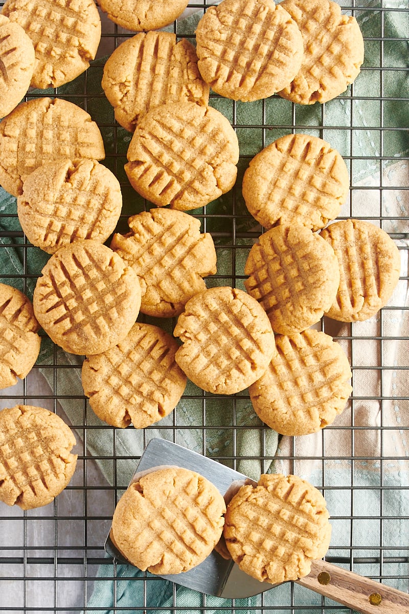 overhead view of 3-Ingredient Peanut Butter Cookies on a wire cooling rack