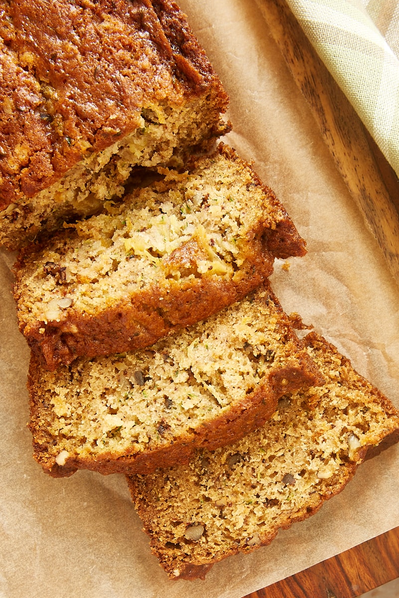 overhead view of sliced Pineapple Zucchini Bread