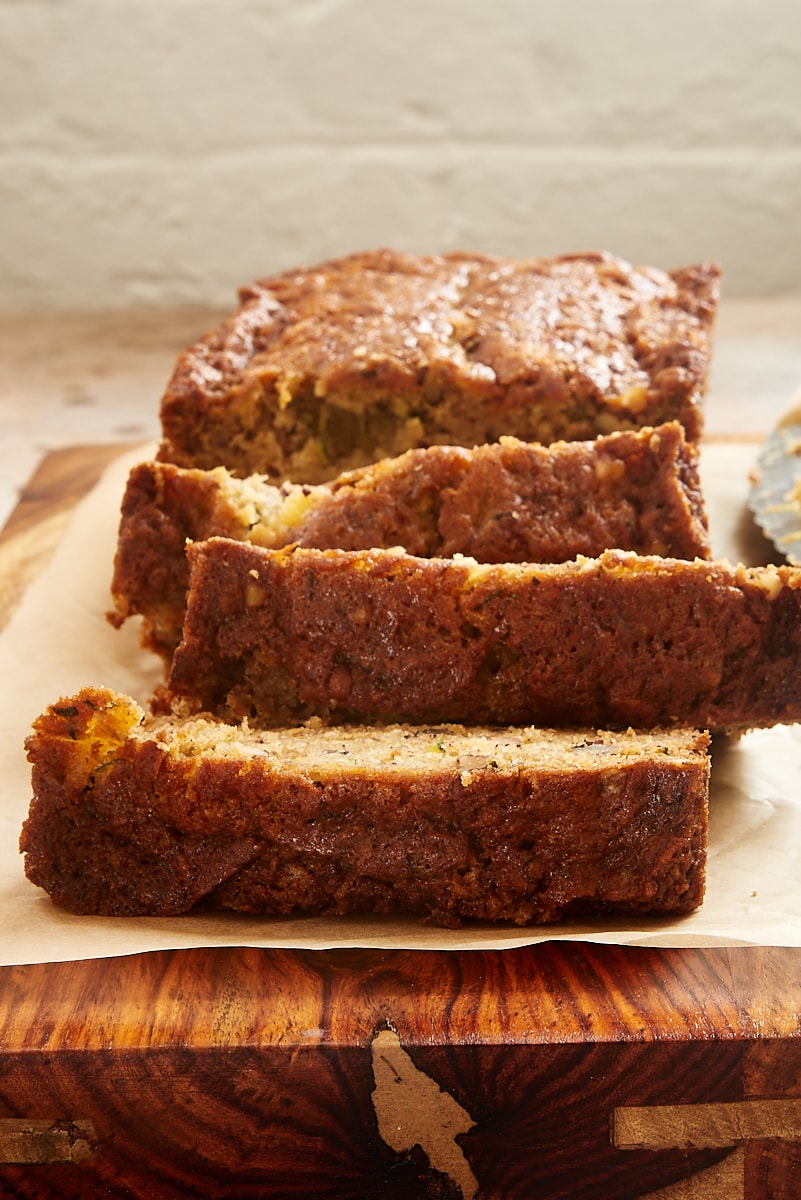 sliced Pineapple Zucchini Bread on a cutting board