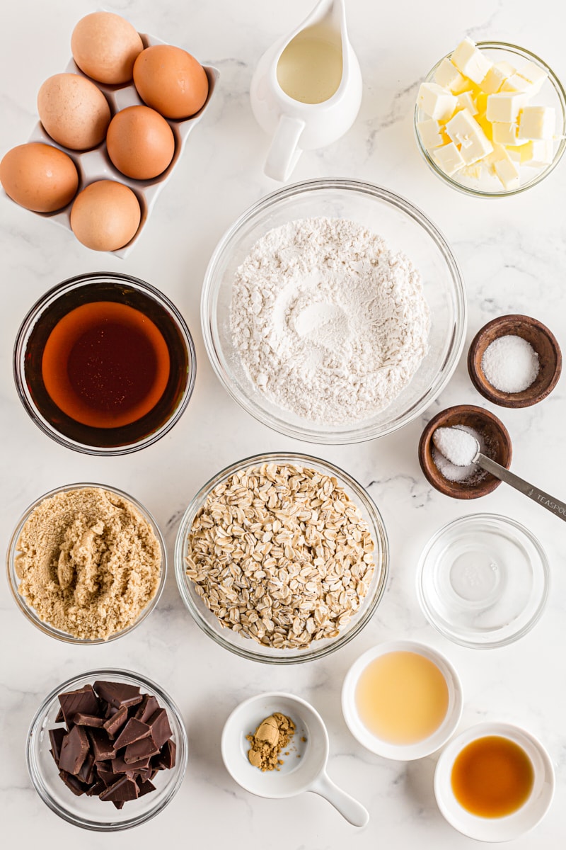All the ingredients for black bottom oatmeal pie laid out on the counter.