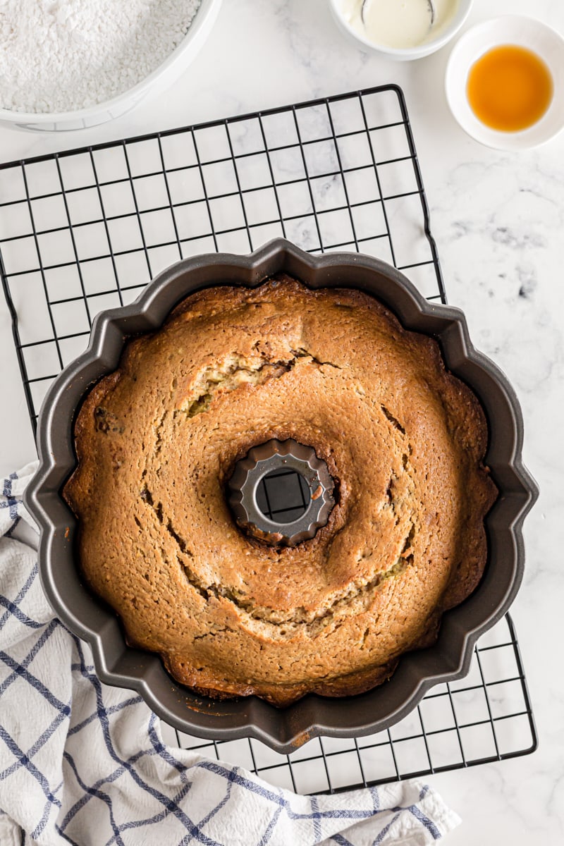 A freshly baked Cinnamon Roll Cake still in the Bundt pan.