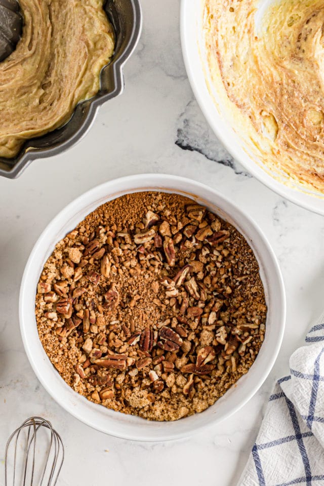 Brown sugar and cinnamon filling in a bowl ready to be added to a Bundt cake.