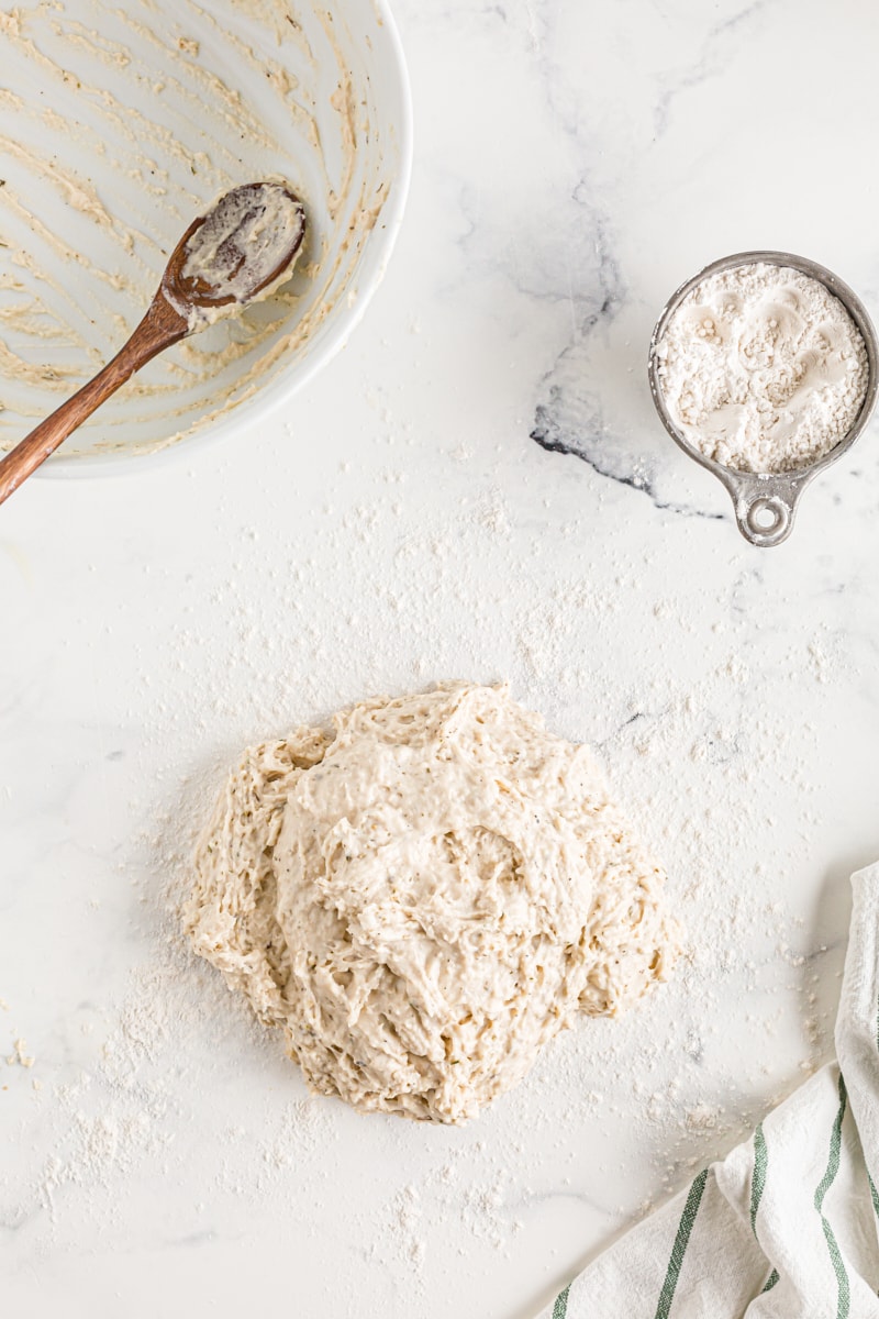 Bread roll dough before the extra flour is added.