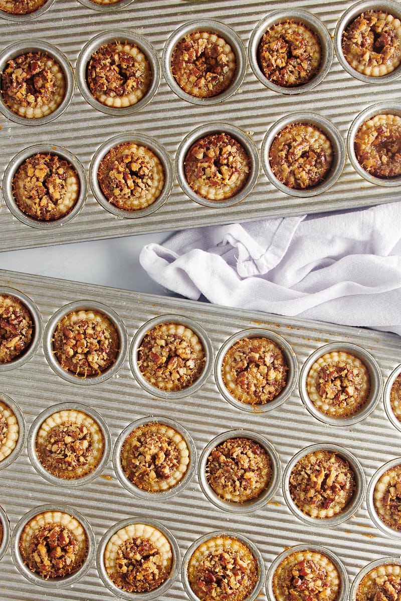 Two trays of golden-brown Mini Pecan Pies.