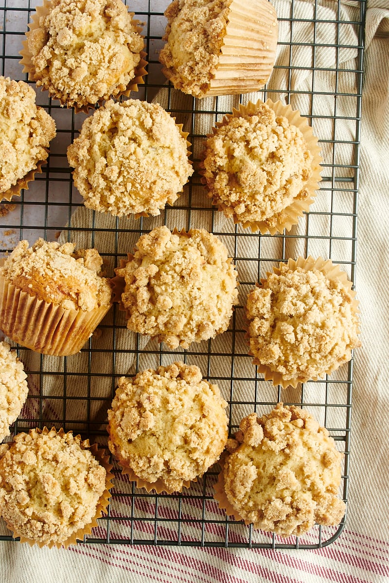 overhead view of Apple Cinnamon Muffins on a wire rack