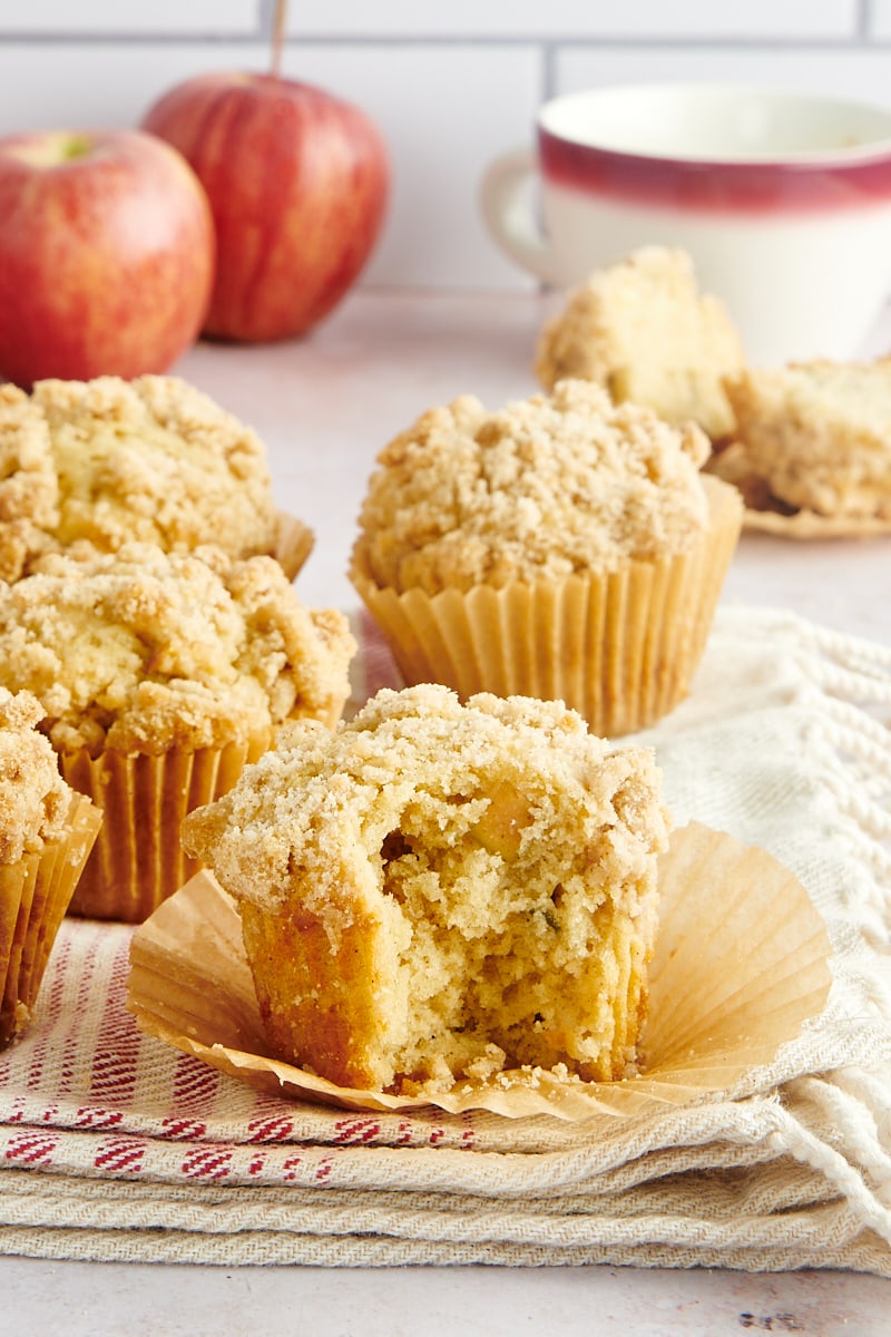 Apple Cinnamon Muffins on a red-striped towel