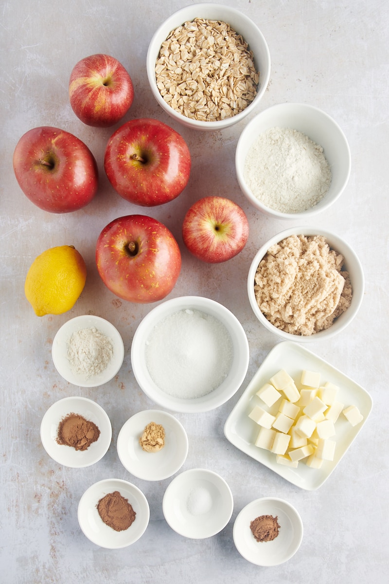 All the ingredients for apple crisp laid out on the counter.