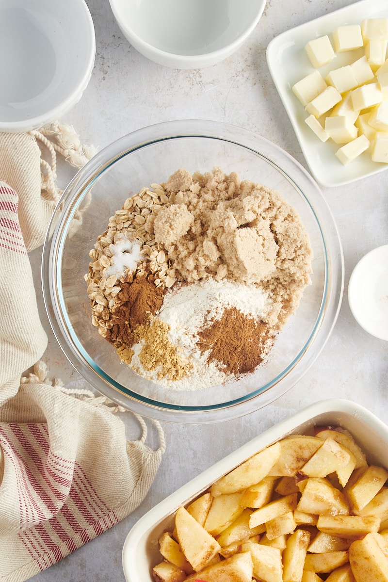 The ingredients for a streusel topping in a bowl ready to mix.