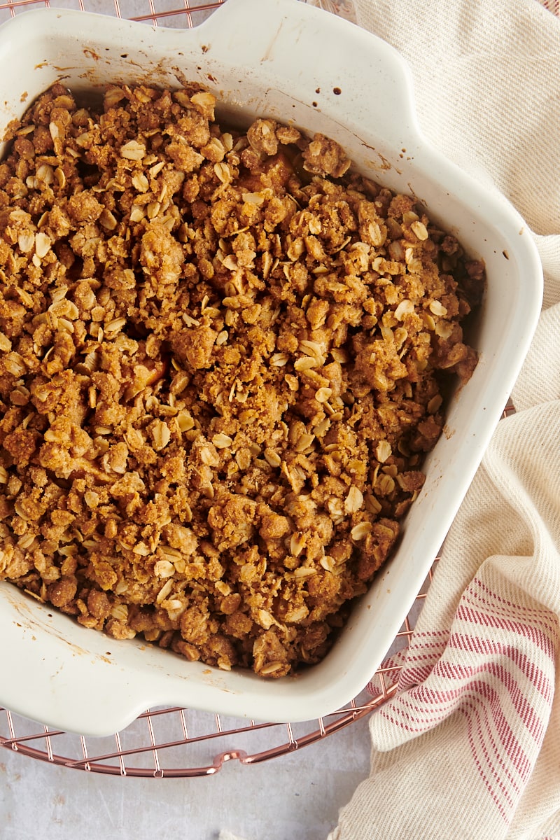 A pan of apple crisp fresh out of the oven.