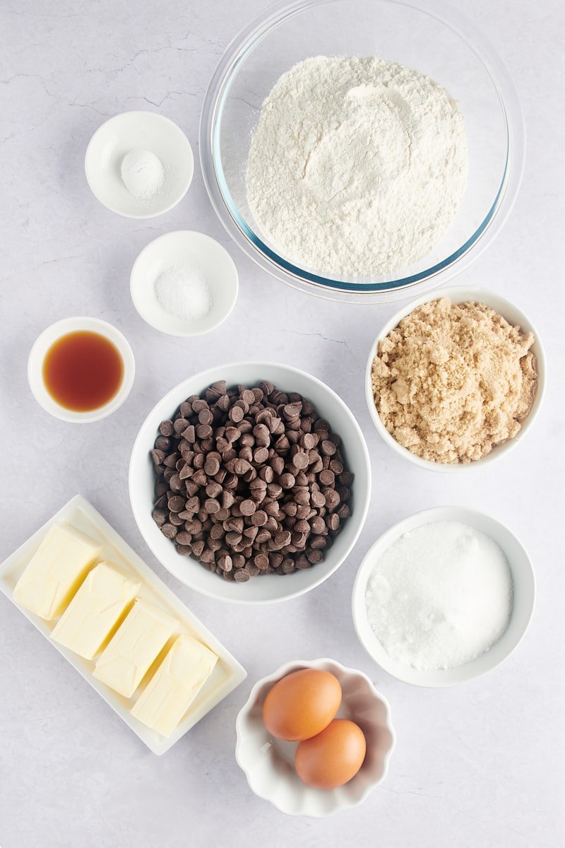 All the ingredients for Brown Butter Salted Chocolate Chip Cookies laid out on the counter.