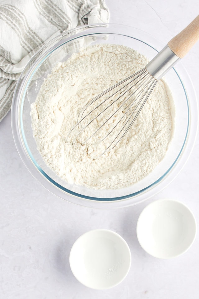 The dry ingredients for brown butter chocolate chip cookies whisked together in a bowl.