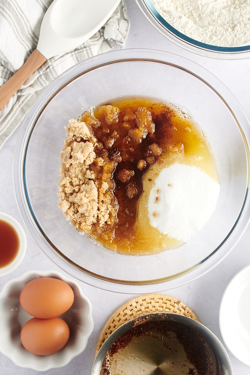 Browned butter and two kinds of sugar in a bowl.