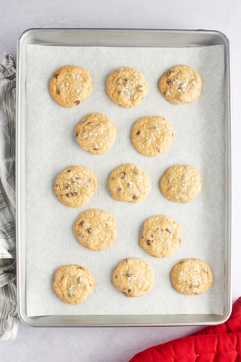 Brown Butter Salted Chocolate Chip Cookies on a baking sheet.
