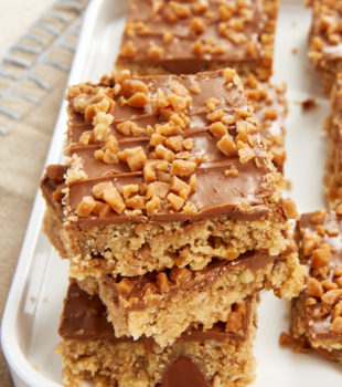 stack of Chocolate Toffee Bars on a white tray