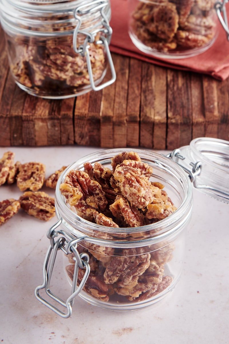 Glazed Pecans in a clear glass jar