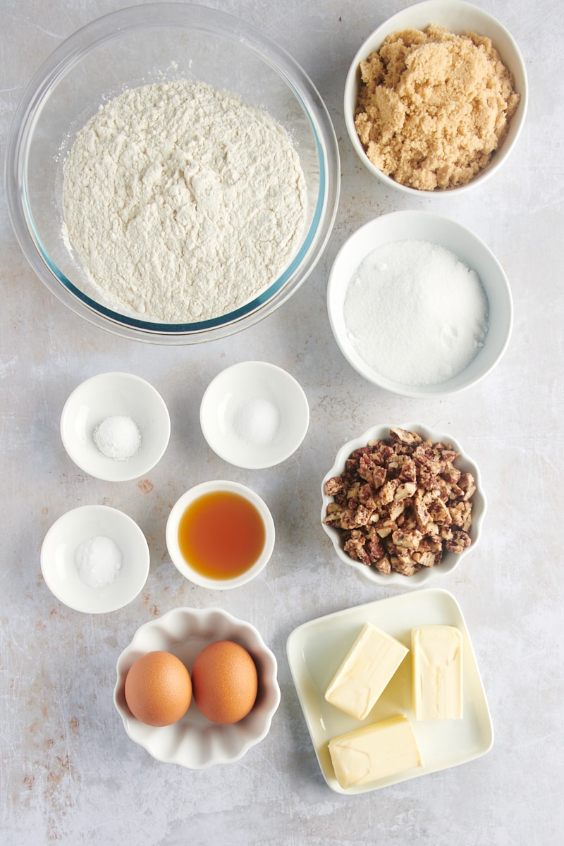 overhead view of measured ingredients for Maple Pecan Cookies