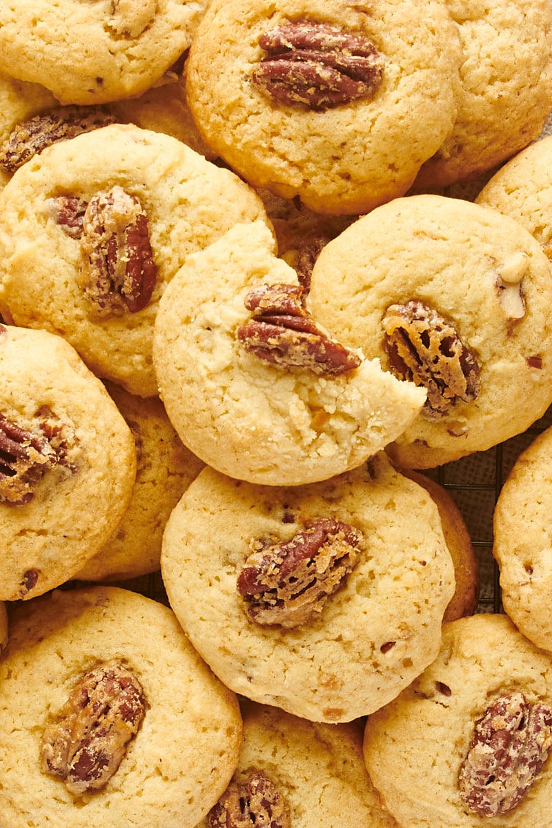 overhead view of a crowded pile of Maple Pecan Cookies