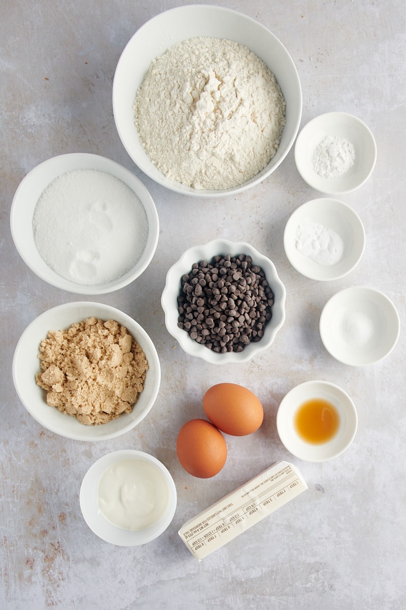 overhead view of ingredients for Mini Chocolate Chip Bundt Cakes