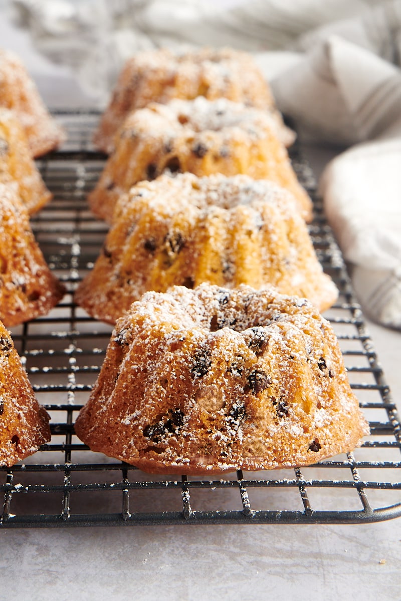 Mini Chocolate Chip Bundt Cakes on a wire cooling rack