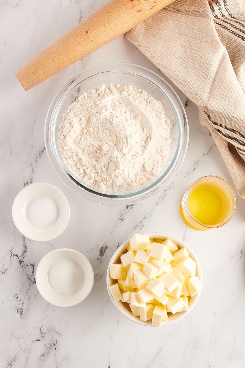 overhead view of ingredients for pie crust