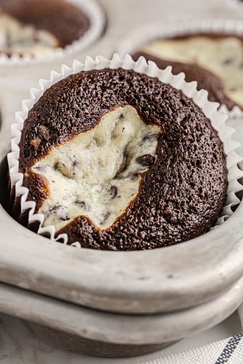 Close up of a black bottom cupcake in the tray