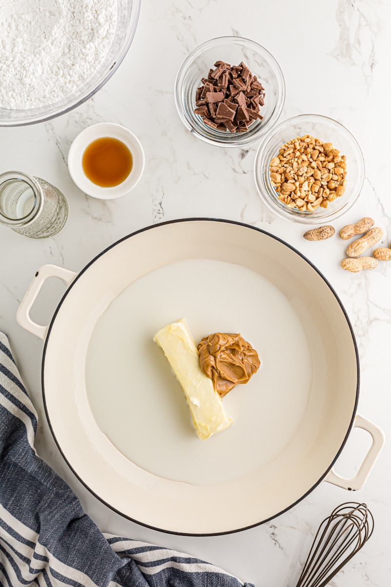 Butter and peanut butter in a pan.