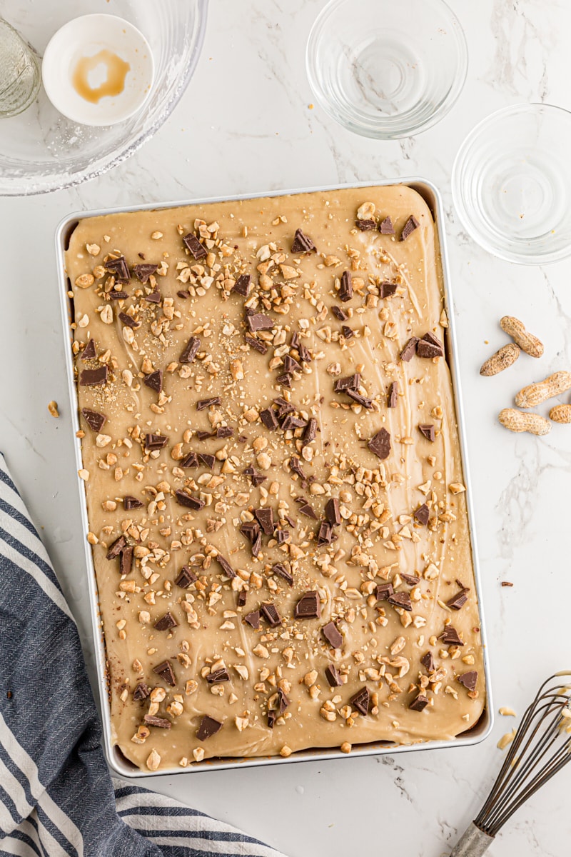 Peanut butter Texas sheet cake garnished with chopped chocolate and peanuts.