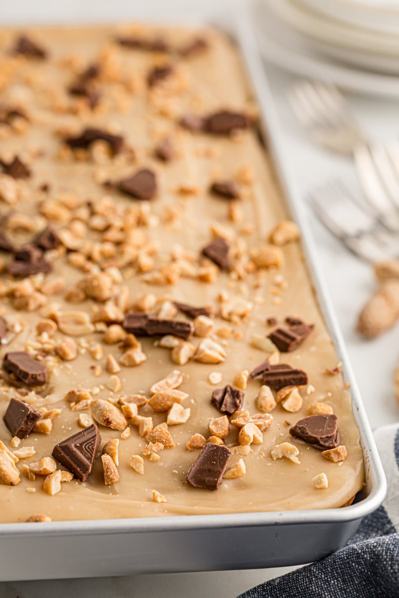 Peanut Butter Texas Sheet Cake in a jellyroll pan