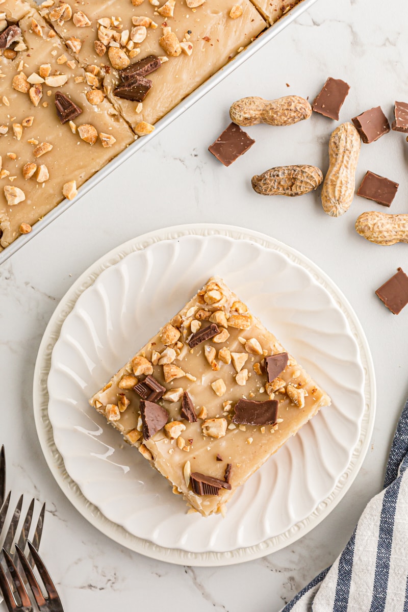 overhead view of a slice of Peanut Butter Texas Sheet Cake on a white plate