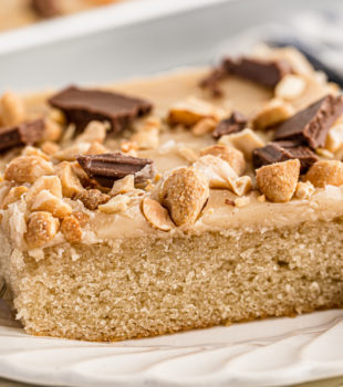 Close up of a piece of peanut butter Texas sheet cake.