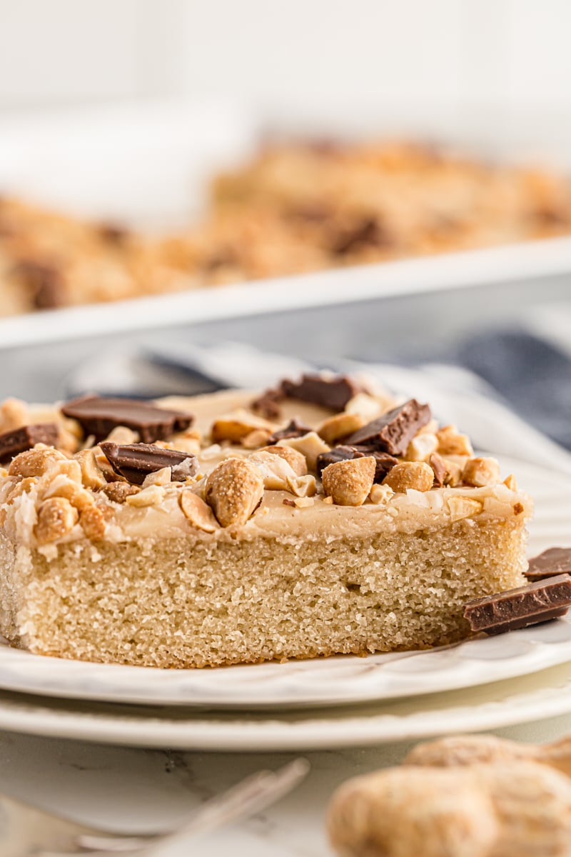 slice of Peanut Butter Texas Sheet Cake on a white plate