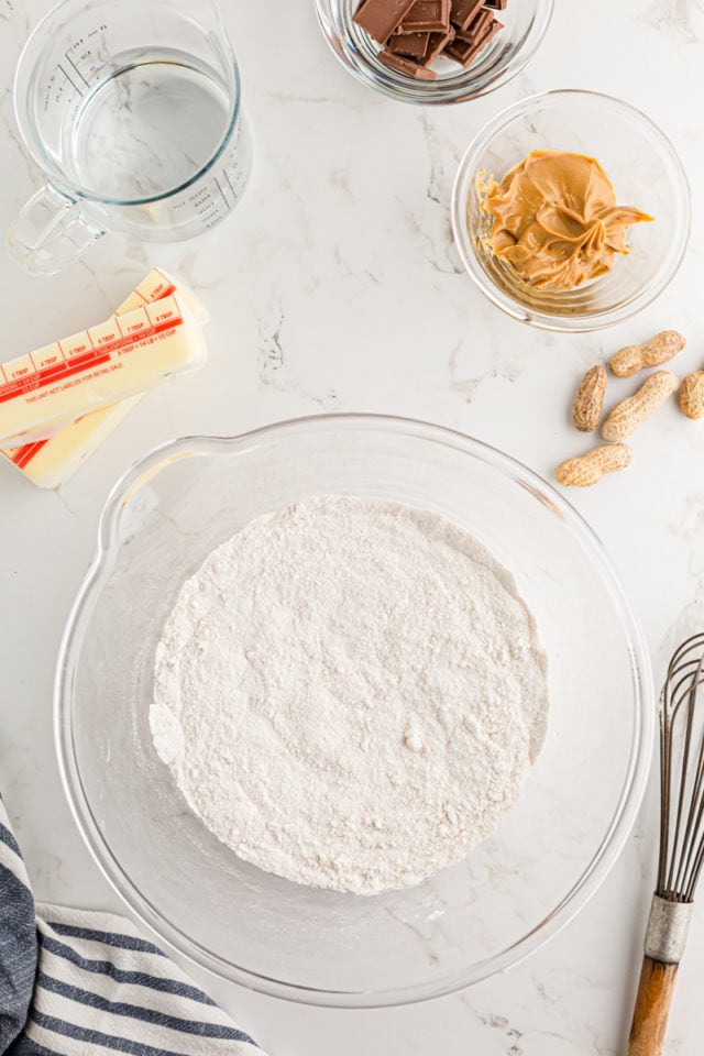 Mixed dry ingredients for texas sheet cake