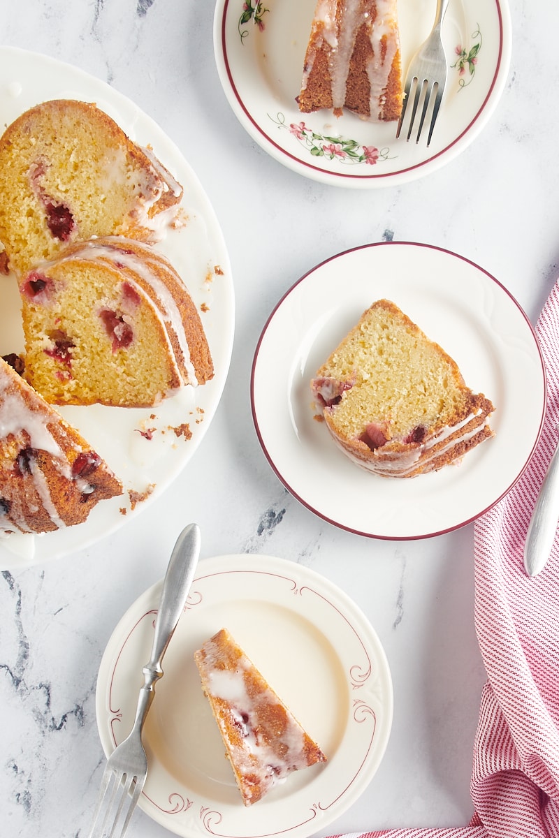 Plates with slices of cranberry bundt cake