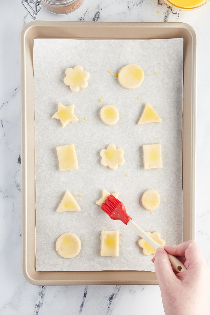 overhead view of Pie Crust Cookies brushed with egg wash