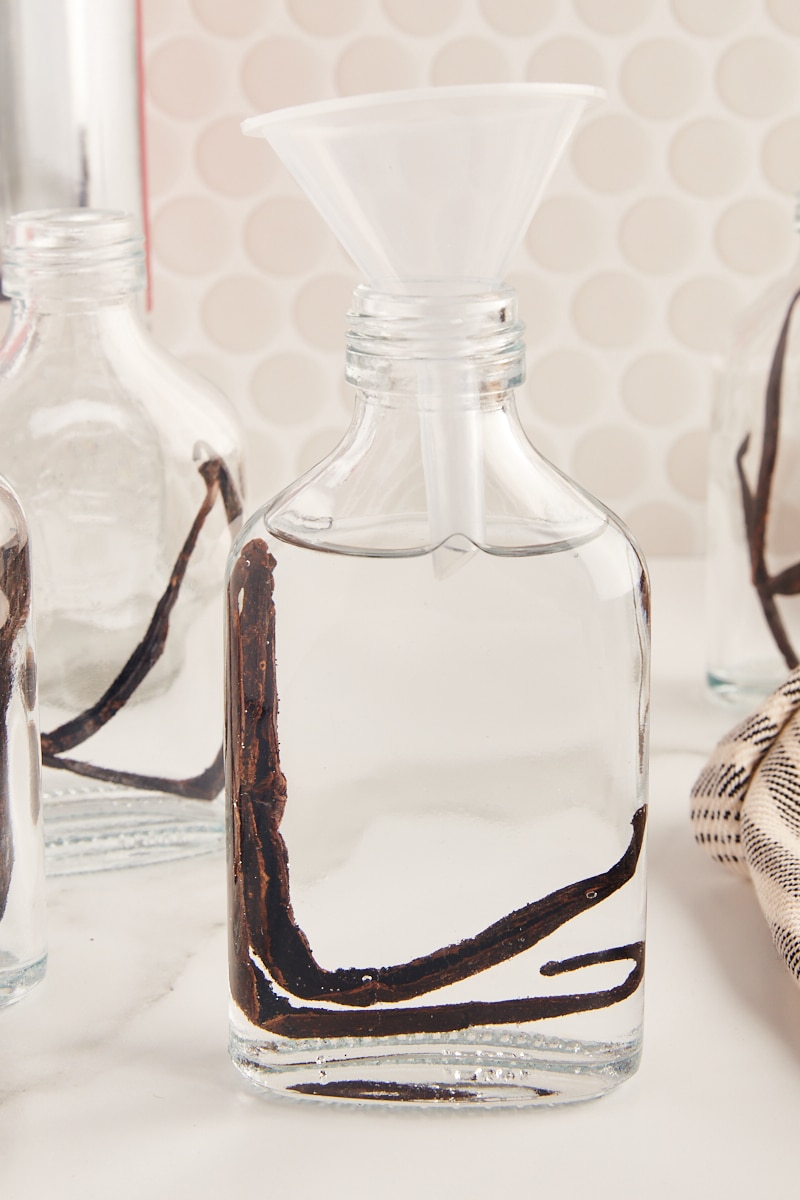 un barattolo di vetro riempito con baccelli di vaniglia e vodka, con un piccolo imbuto inserito nella parte superiore