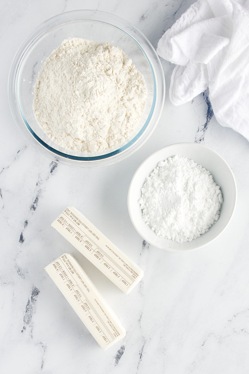 Overhead view of ingredients for shortbread cookies.