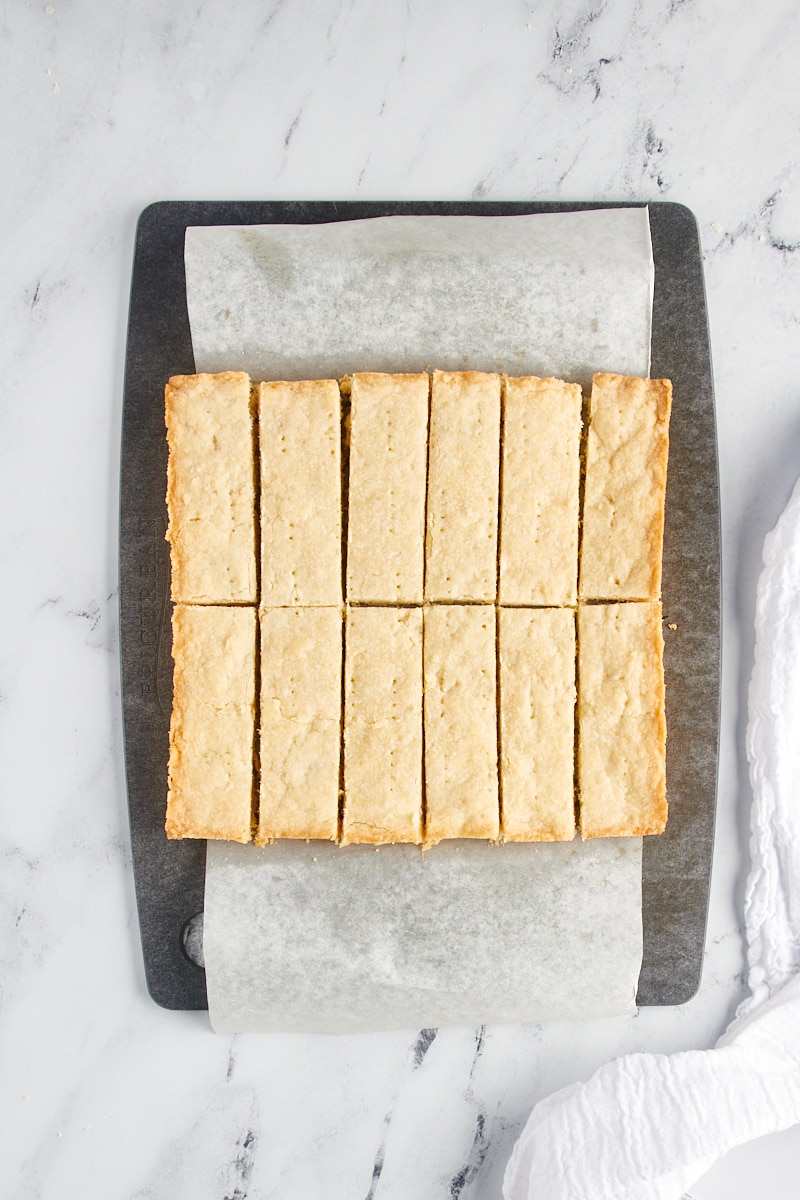 overhead view of sliced shortbread on a cutting board