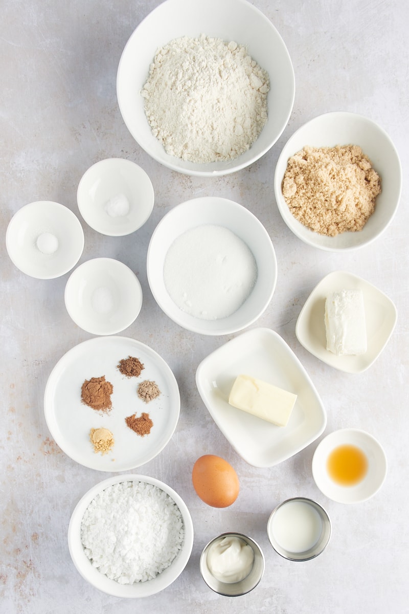 overhead view of ingredients for spice cake