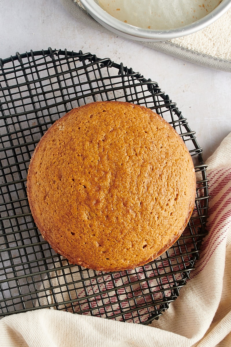 overhead view of freshly baked spice cake cooling on a wire rack