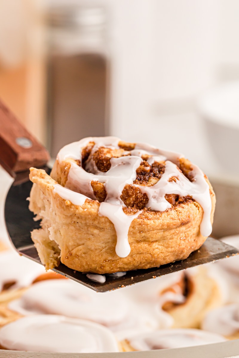 A cinnamon roll on a spatula