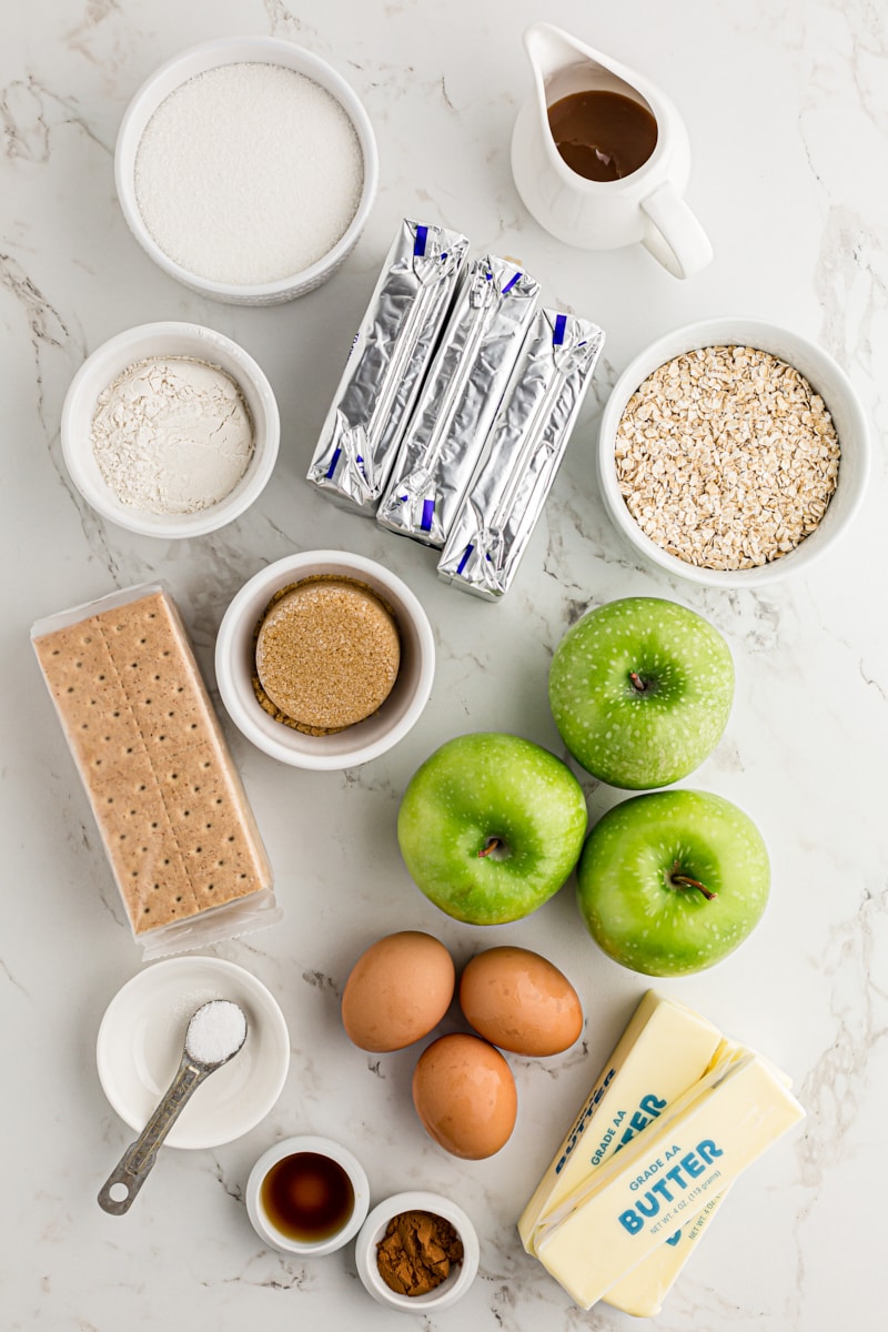 overhead view of ingredients for Caramel Apple Cheesecake Bars