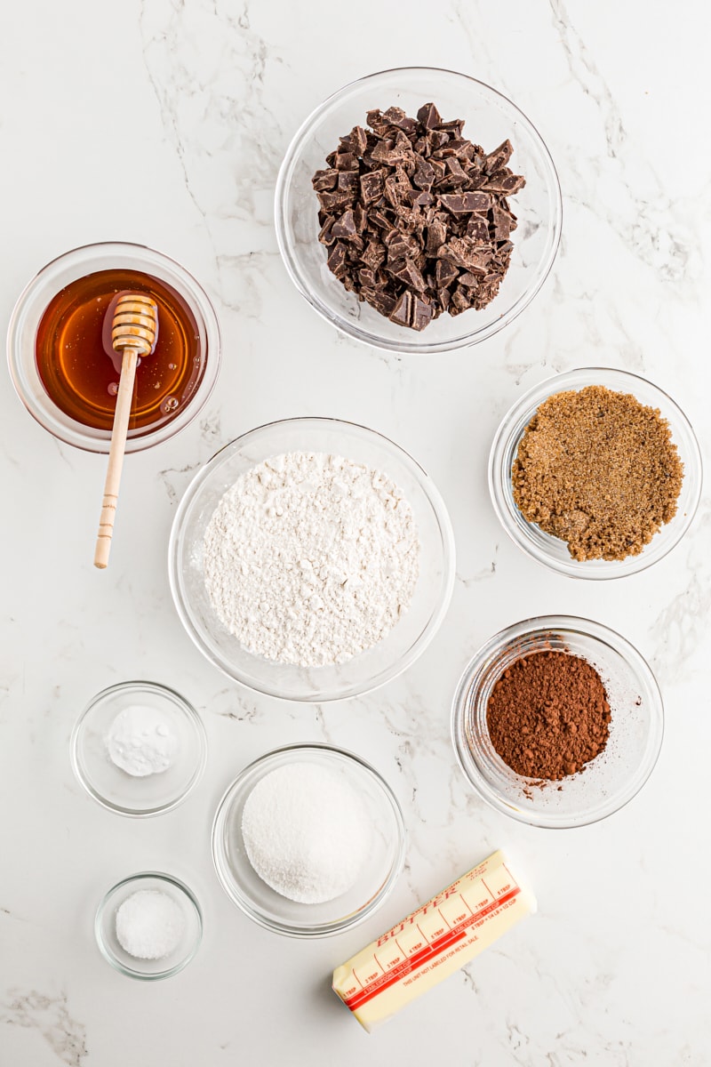 Overhead view of ingredients for Double Chocolate Brownie Cookies