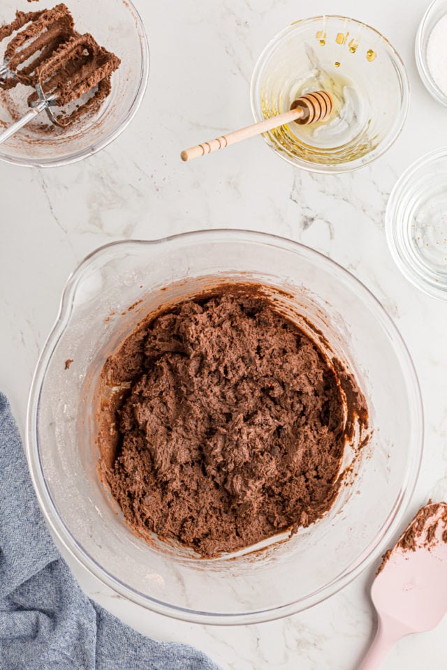 Overhead view of brownie cookie dough in bowl