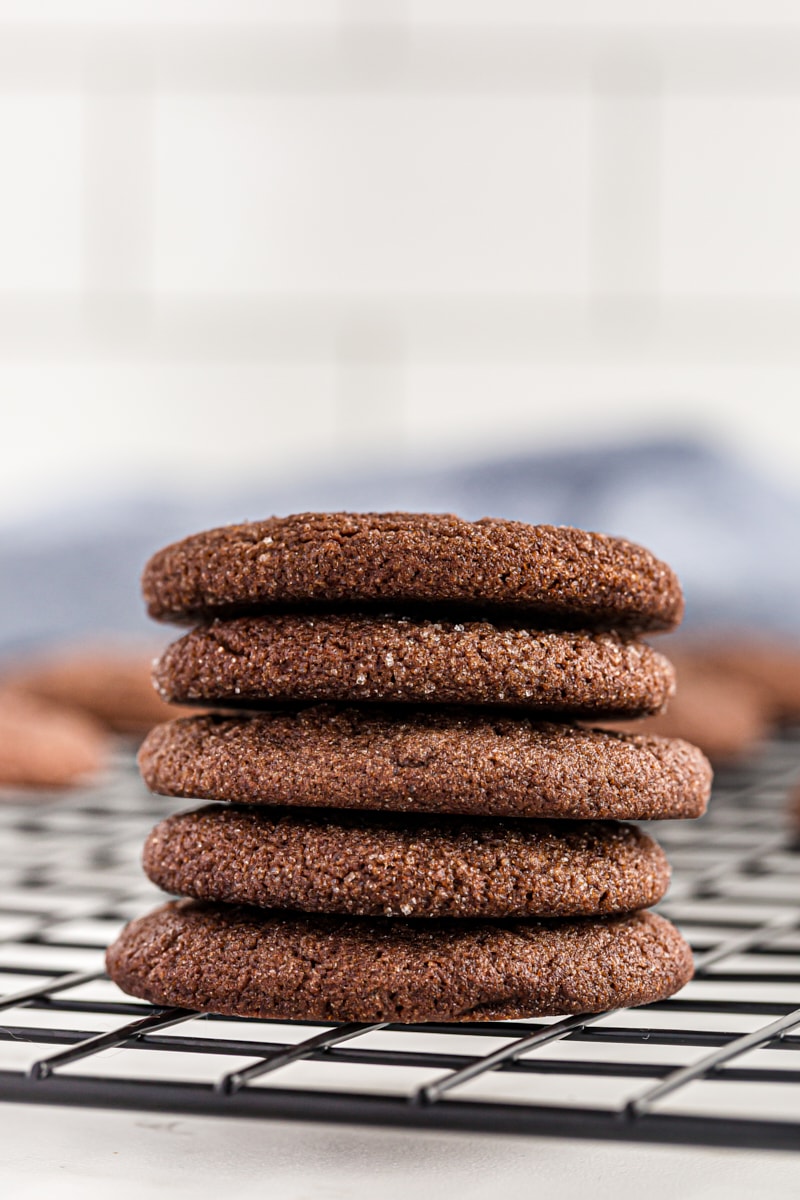 Stack of Double Chocolate Brownie Cookies on wire rack