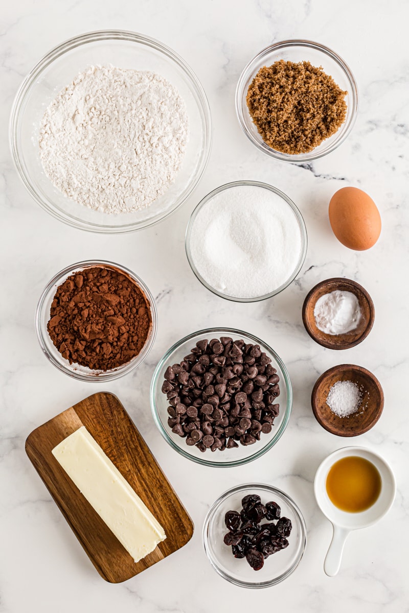 Overhead view of ingredients for Double Dark Chocolate Cherry Cookies