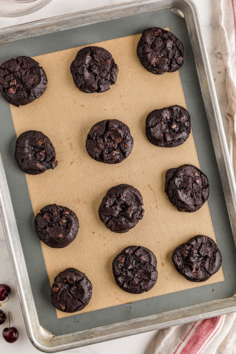 Overhead view of Double Dark Chocolate Cherry Cookies on baking sheet