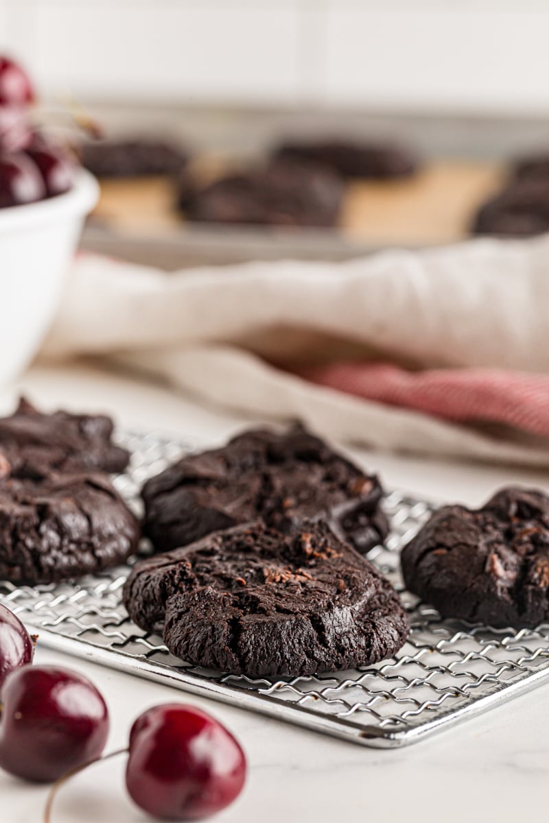 Double Dark Chocolate Cherry Cookies on wire cooling rack