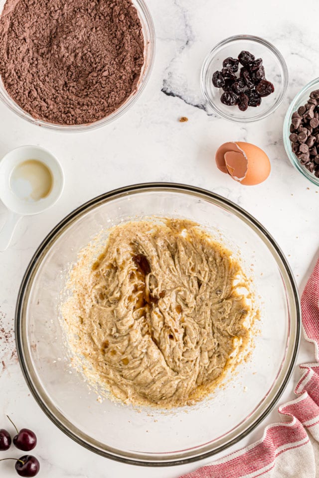 Wet ingredients in a glass mixing bowl.