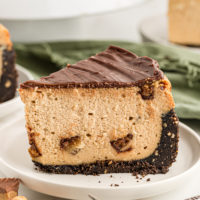 Side view of Peanut Butter Cup Cheesecake slice on plate, showing height
