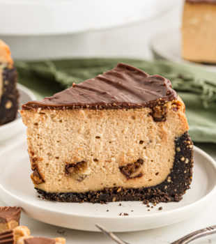 Side view of Peanut Butter Cup Cheesecake slice on plate, showing height